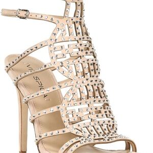Via Spiga Tan Strappy Heels with Rhinestone Embellishments